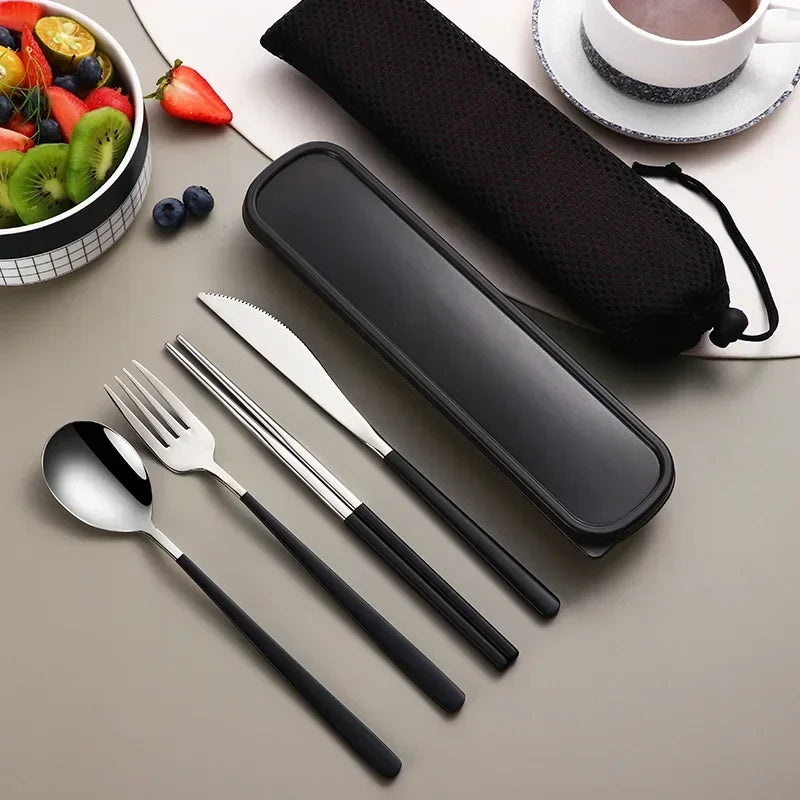 Stainless Steel Portable Cutlery Set - Four-Piece Dining Utensil Set with Knife, Fork, Spoon, and Chopsticks in Travel Case