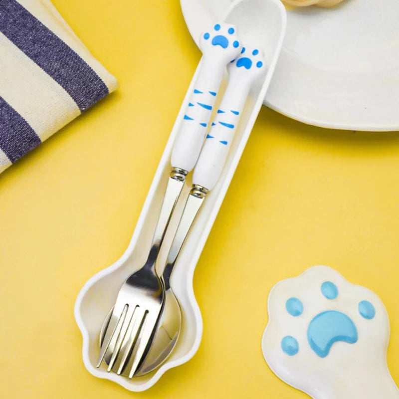 Stainless Steel Cat Paw Cutlery Set with Storage Box - Fork and Spoon Dining Accessories