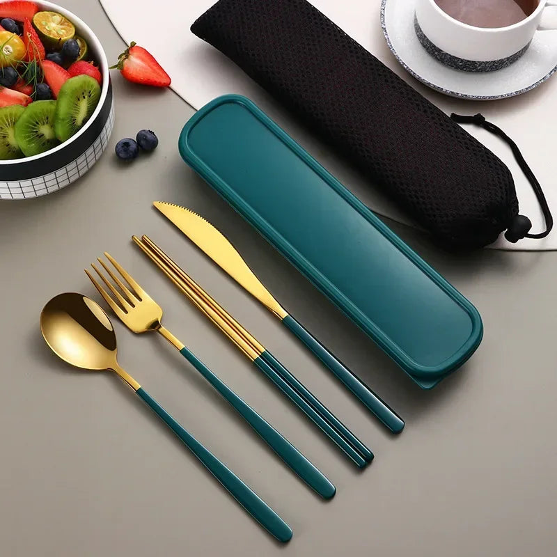 Stainless Steel Portable Cutlery Set - Four-Piece Dining Utensil Set with Knife, Fork, Spoon, and Chopsticks in Travel Case