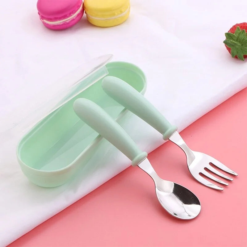 3-Piece Stainless Steel Cutlery Set for Children - Portable Baby Feeding Utensils Including Spoon and Forks