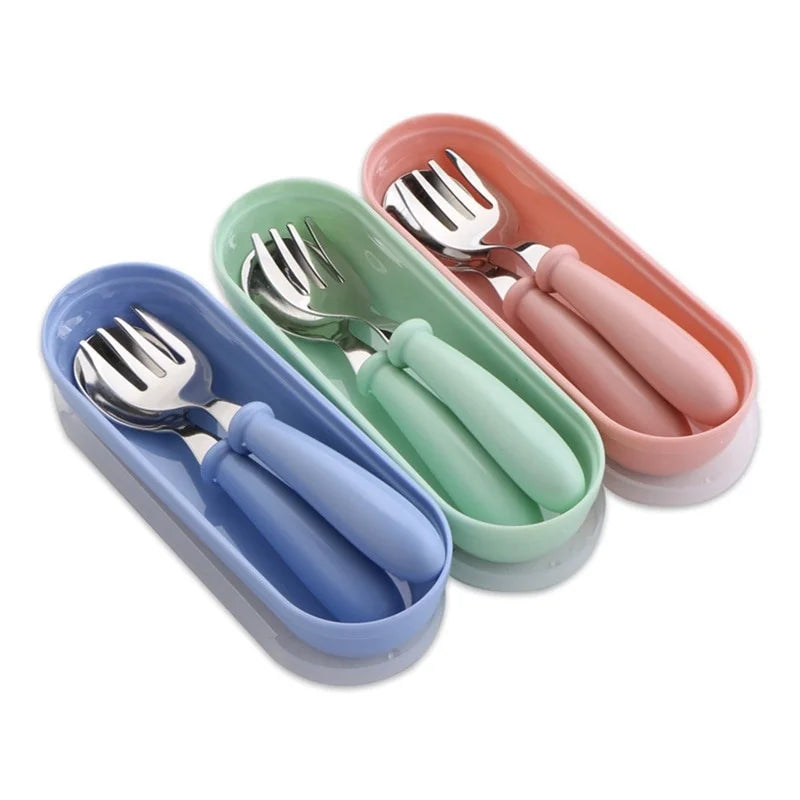 3-Piece Stainless Steel Cutlery Set for Children - Portable Baby Feeding Utensils Including Spoon and Forks