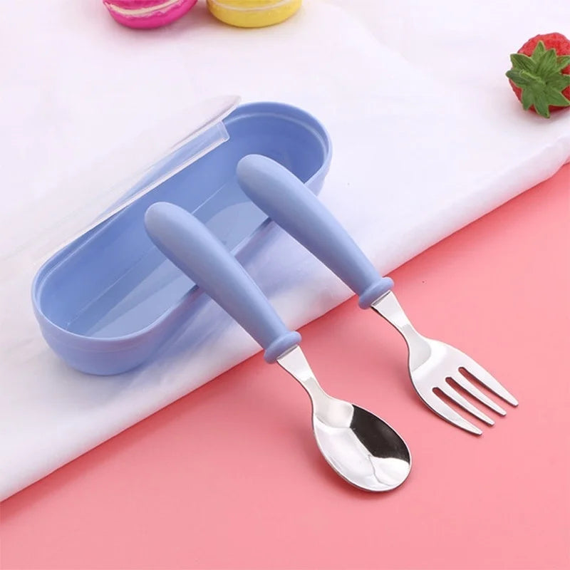 3-Piece Stainless Steel Cutlery Set for Children - Portable Baby Feeding Utensils Including Spoon and Forks