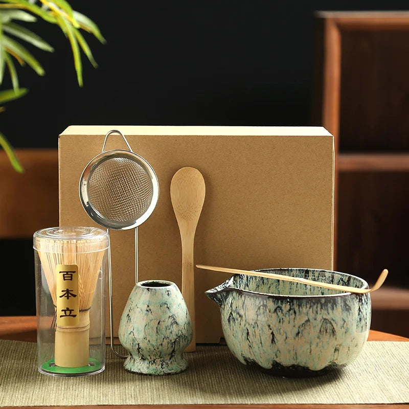6-Piece Japanese Matcha Tea Set with Bamboo Whisk, Teaspoon, Matcha Bowl, and Whisk Holder - Essential Tools for Tea Enthusiasts