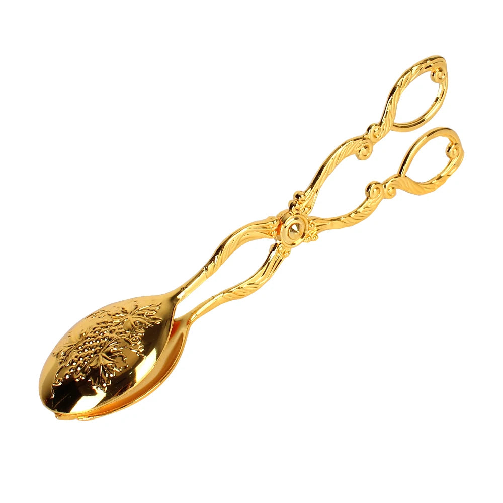 Vintage Gold-Plated Buffet Food Tongs for Snack Cakes, Barbecue, and Fruit Salads