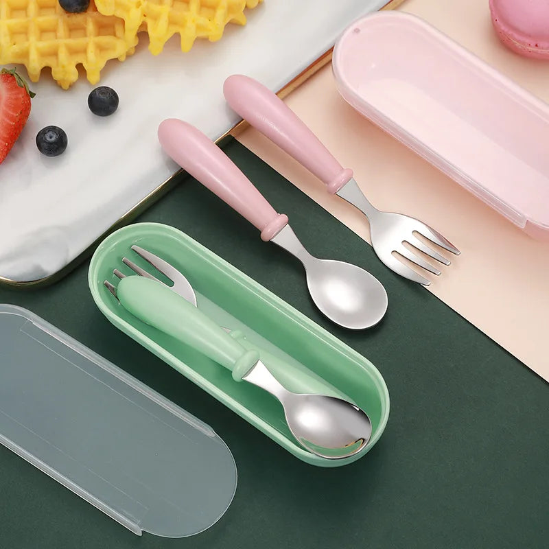 3-Piece Stainless Steel Cutlery Set for Children - Portable Baby Feeding Utensils Including Spoon and Forks