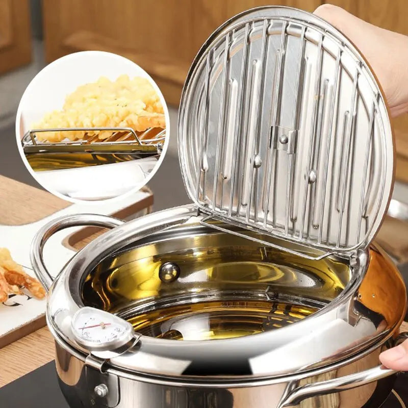 Stainless Steel Oil Pan Thermometer with Cover for Tempura and French Fry Cooking