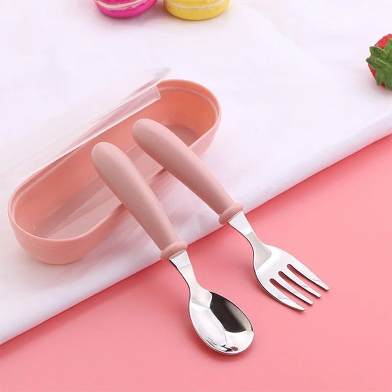 3-Piece Stainless Steel Cutlery Set for Children - Portable Baby Feeding Utensils Including Spoon and Forks