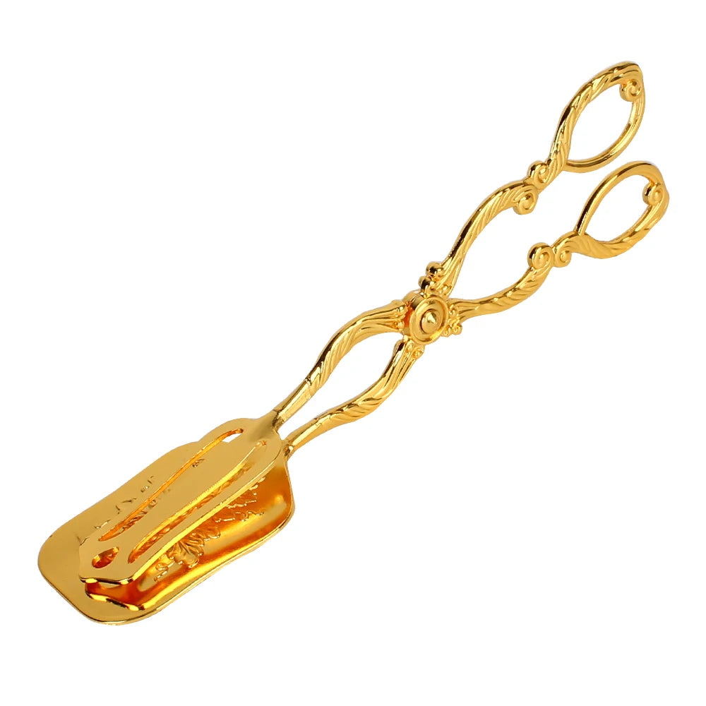 Vintage Gold-Plated Buffet Food Tongs for Snack Cakes, Barbecue, and Fruit Salads