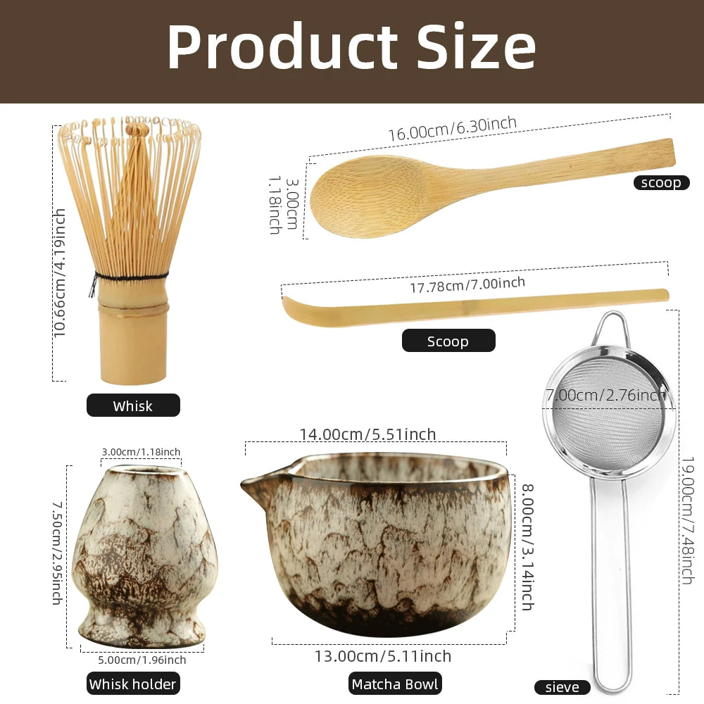 6-Piece Japanese Matcha Tea Set with Bamboo Whisk, Teaspoon, Matcha Bowl, and Whisk Holder - Essential Tools for Tea Enthusiasts