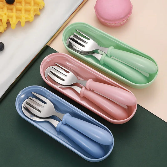 3-Piece Stainless Steel Cutlery Set for Children - Portable Baby Feeding Utensils Including Spoon and Forks
