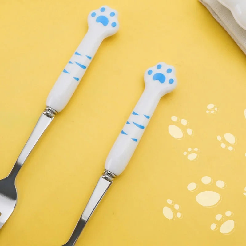 Stainless Steel Cat Paw Cutlery Set with Storage Box - Fork and Spoon Dining Accessories