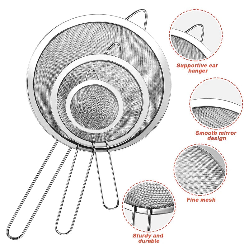 Stainless Steel Fine Mesh Oil Strainer and Flour Sieve (1/3/4 Pieces)
