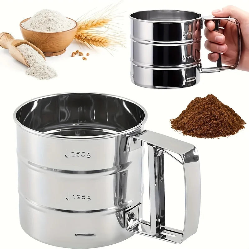 Stainless Steel Fine Mesh Flour Sifter with Handle - Semi-Automatic Manual Kitchen Tool for Baking, Sugar, and Coffee Powders