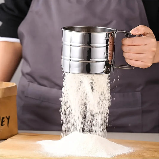 Stainless Steel Fine Mesh Flour Sifter with Handle - Semi-Automatic Manual Kitchen Tool for Baking, Sugar, and Coffee Powders