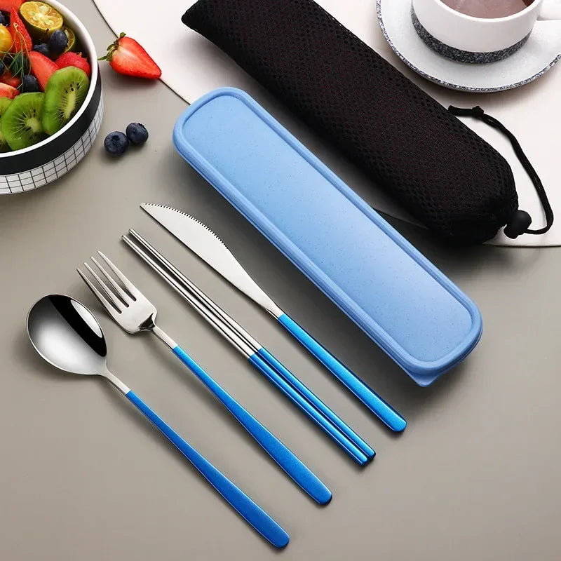 Stainless Steel Portable Cutlery Set - Four-Piece Dining Utensil Set with Knife, Fork, Spoon, and Chopsticks in Travel Case
