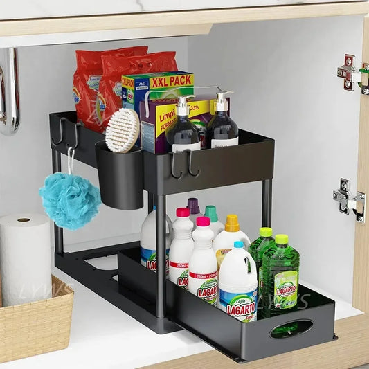 2-Tier Sliding Cabinet Organizer with Hooks for Under-Sink Kitchen and Bathroom Storage
