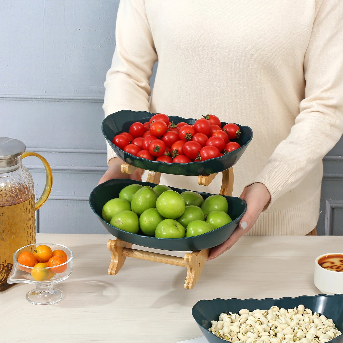 2/3 Tier Fruit Display Stand - Contemporary Plastic Snack Dish, Dried Fruit Basket, Candy Dish, Cake Stand, and Salad Bowl