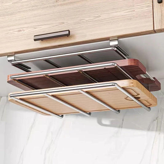 Stainless Steel Under-Cabinet Cutting Board and Pot Lid Organizer for Efficient Kitchen Storage