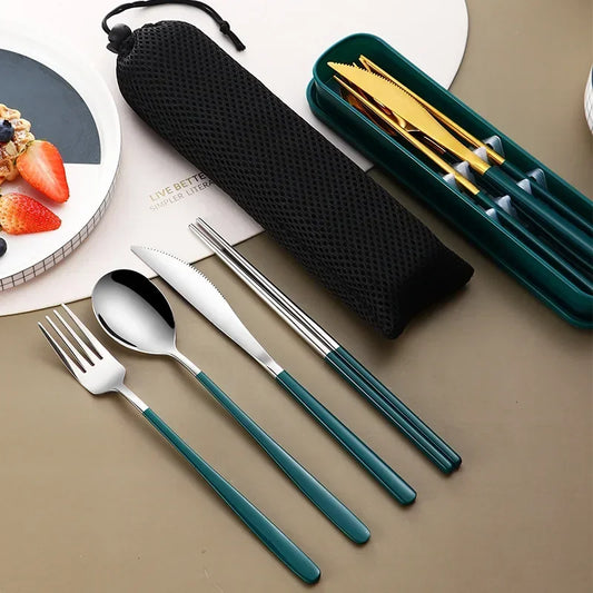 Stainless Steel Portable Cutlery Set - Four-Piece Dining Utensil Set with Knife, Fork, Spoon, and Chopsticks in Travel Case