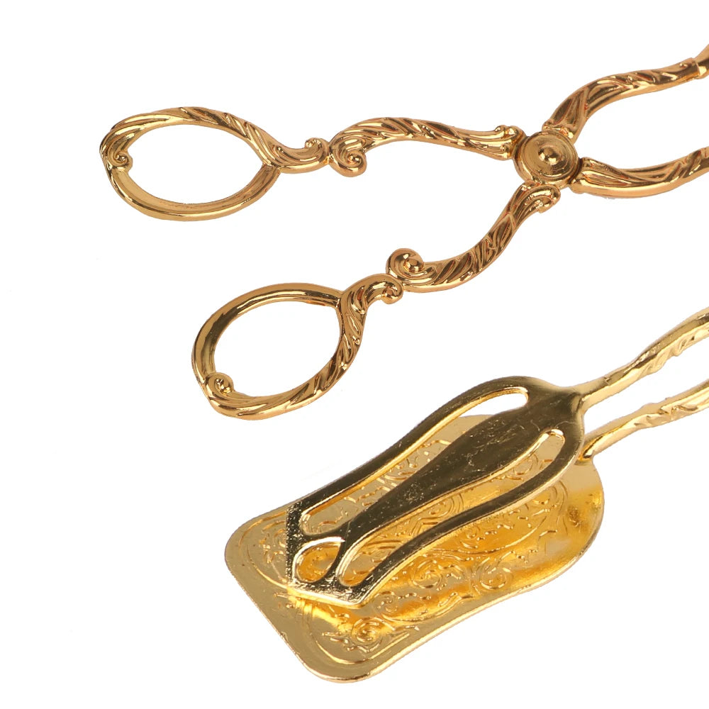 Vintage Gold-Plated Buffet Food Tongs for Snack Cakes, Barbecue, and Fruit Salads