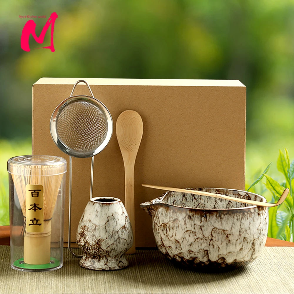 6-Piece Japanese Matcha Tea Set with Bamboo Whisk, Teaspoon, Matcha Bowl, and Whisk Holder - Essential Tools for Tea Enthusiasts