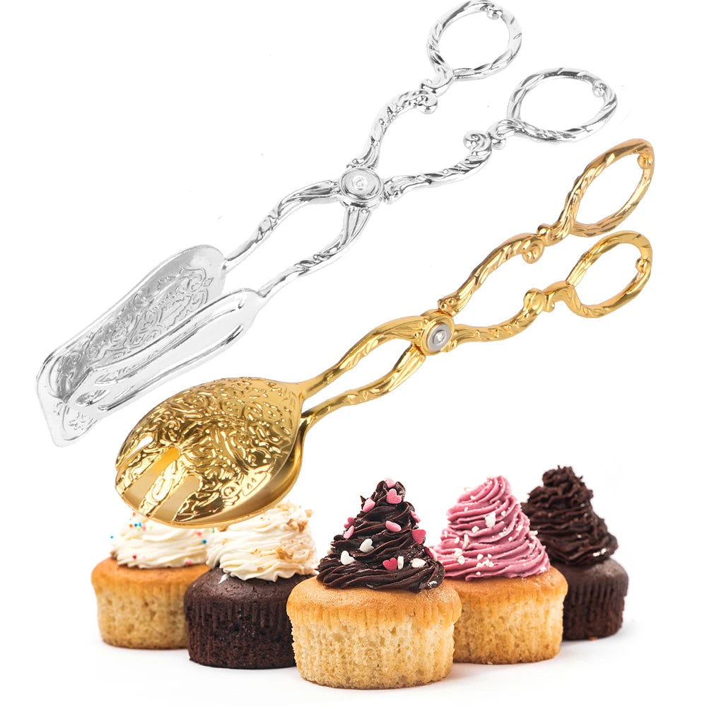 Vintage Gold-Plated Buffet Food Tongs for Snack Cakes, Barbecue, and Fruit Salads