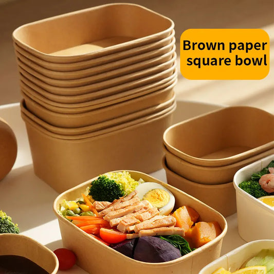 Disposable Kraft Paper Square Lunch Boxes with Lids - Fast Food Packaging and Household Bento Boxes