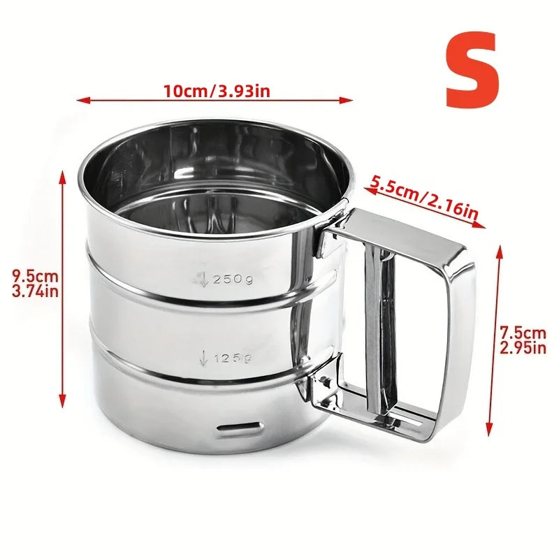 Stainless Steel Fine Mesh Flour Sifter with Handle - Semi-Automatic Manual Kitchen Tool for Baking, Sugar, and Coffee Powders