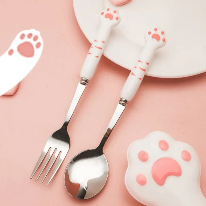 Stainless Steel Cat Paw Cutlery Set with Storage Box - Fork and Spoon Dining Accessories