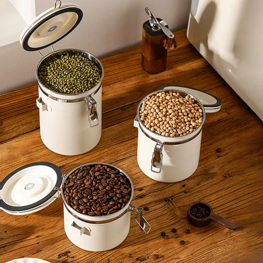 Stainless Steel Vacuum-Sealed Coffee Bean Storage Container - Airtight Kitchen Canister for Portable Grain Storage
