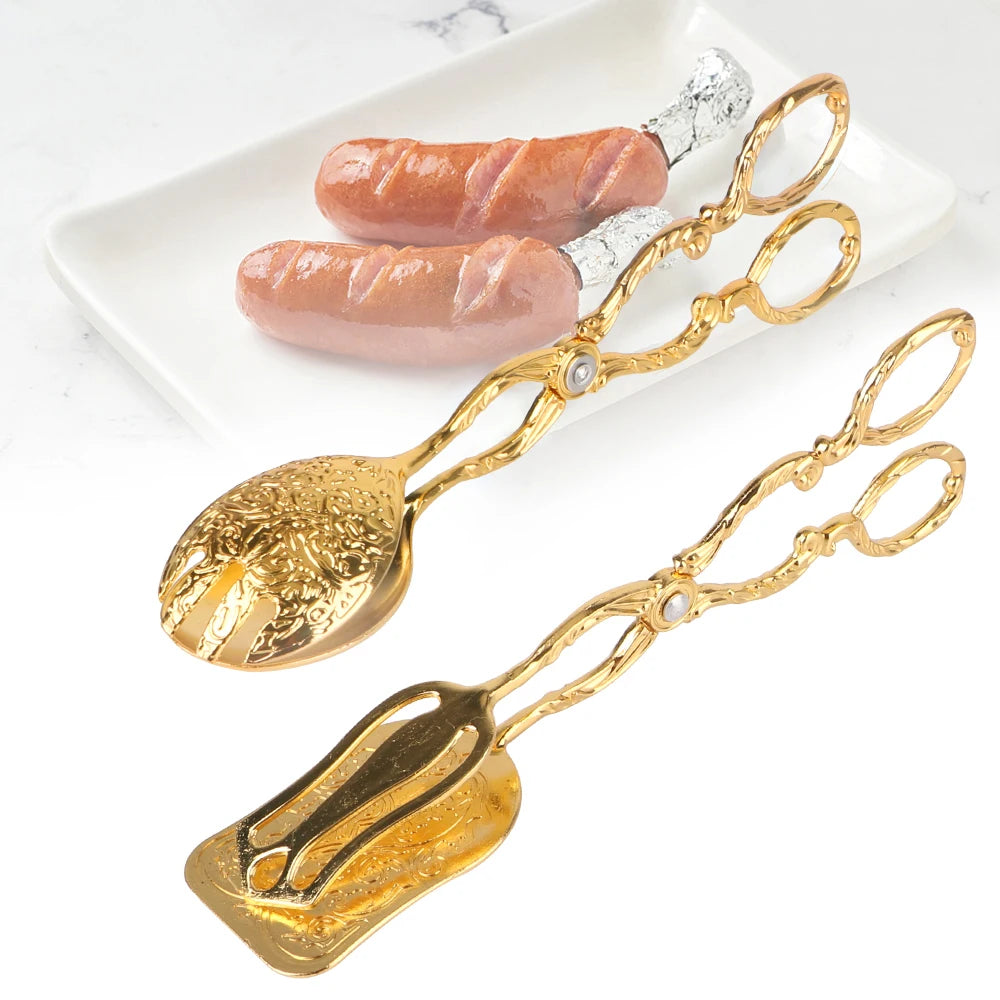 Vintage Gold-Plated Buffet Food Tongs for Snack Cakes, Barbecue, and Fruit Salads