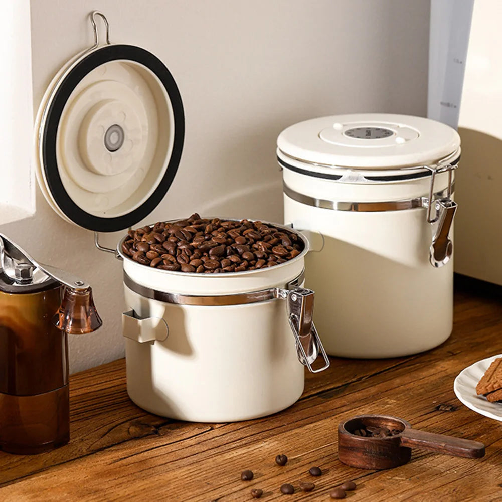 Stainless Steel Vacuum-Sealed Coffee Bean Storage Container - Airtight Kitchen Canister for Portable Grain Storage