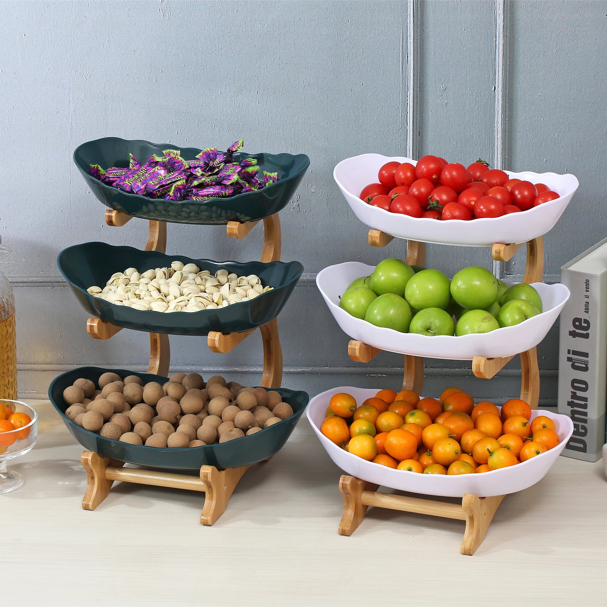 2/3 Tier Fruit Display Stand - Contemporary Plastic Snack Dish, Dried Fruit Basket, Candy Dish, Cake Stand, and Salad Bowl