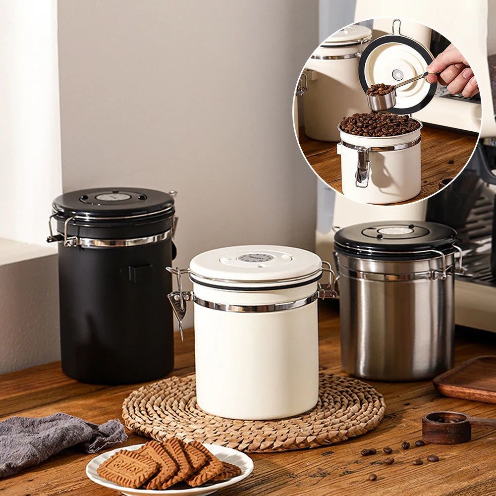 Stainless Steel Vacuum-Sealed Coffee Bean Storage Container - Airtight Kitchen Canister for Portable Grain Storage