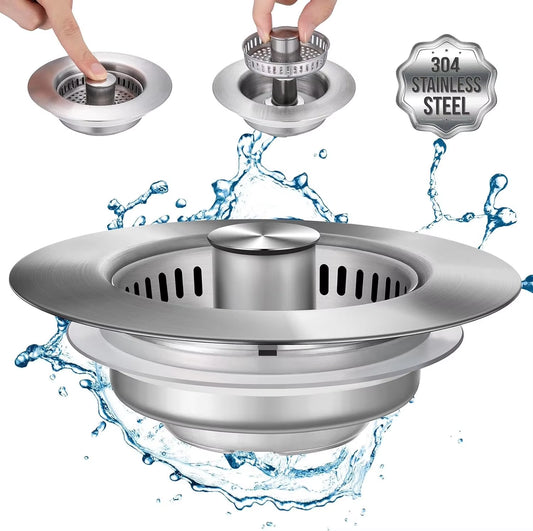 Stainless Steel Kitchen Sink Drain Strainer with Pop-Up Stopper and Anti-Clog Food Catcher Basket